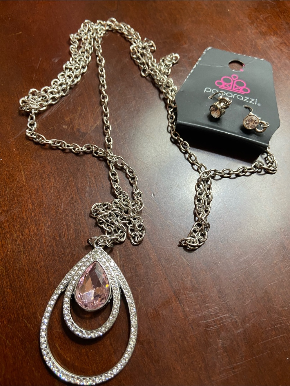 paparazzi Silver Teardrop Necklace with Pink Crystal Pendant and Matching Studs